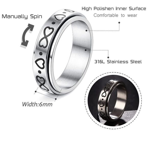 316L Stainless Steel Infinity & Hearts Fidget Anxiety Stress Relieving Spin Ring - Picture 6 of 6